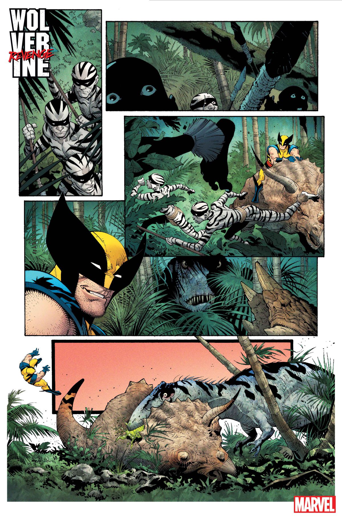Les Zebra People fuient alors que Wolverine regarde, souriant, un énorme dinosaure de type théropode bondir de sa cachette et démonter sa monture cératops, le jetant, dans Wolverine : Revenge #1.