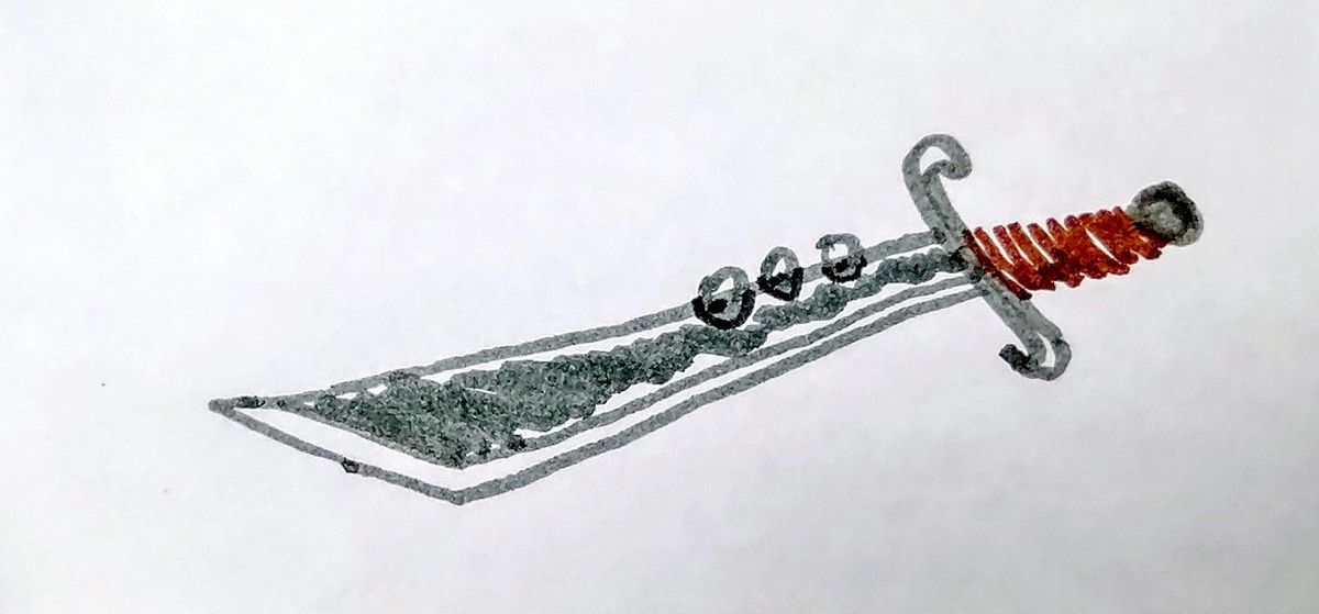 Une simple épée dessinée à la main sur une fiche, d'une lame en forme de cimeterre avec une série d'anneaux intégrés, pour le RPG Sword Loser