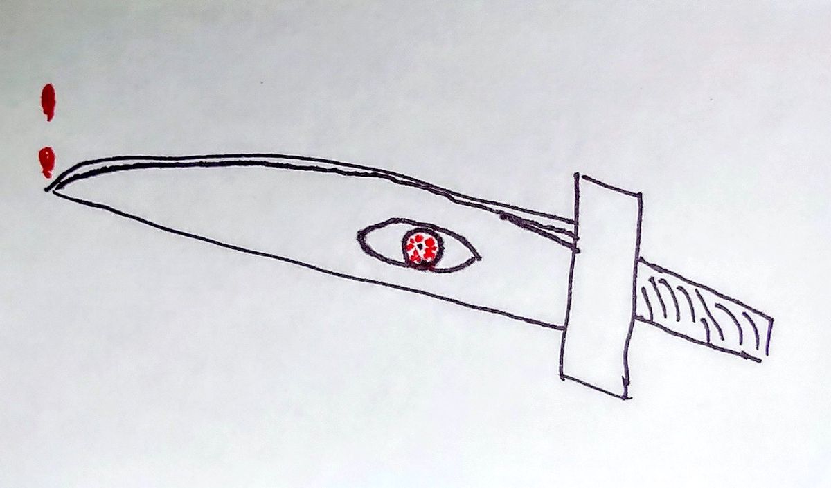 Une simple épée dessinée à la main sur une fiche, avec un globe oculaire moucheté de rouge dans la lame et du sang coulant de la pointe, dessinée avec des marqueurs pour le RPG Sword Loser