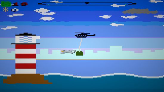 Still Wakes the Deep teaser Oil Strike '75 - Un hélicoptère transporte une cargaison dans un jeu rétro de style Atari.