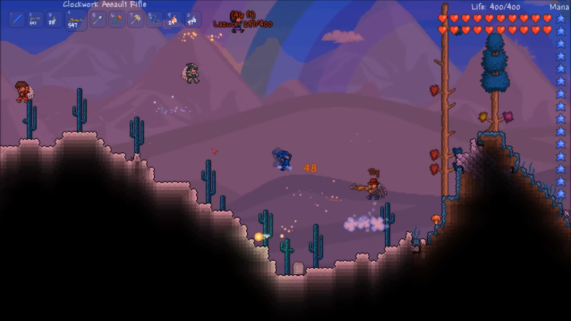Mise à jour Terraria 1.1 – Quatre joueurs rebondissent dans un biome désertique sacré dans le jeu bac à sable.