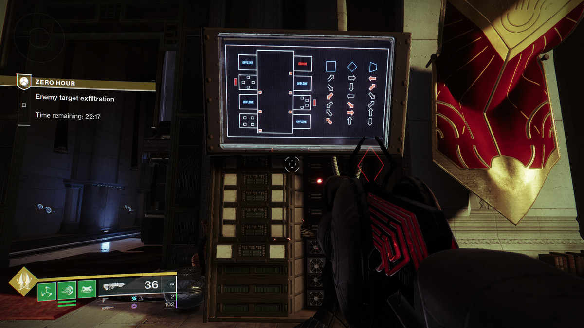 Un Gardien regarde un écran de télévision qui montre une solution d'énigme dans Destiny 2