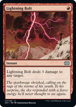 Lightning Bolt est un instant qui inflige 3 dégâts à n’importe quelle cible.