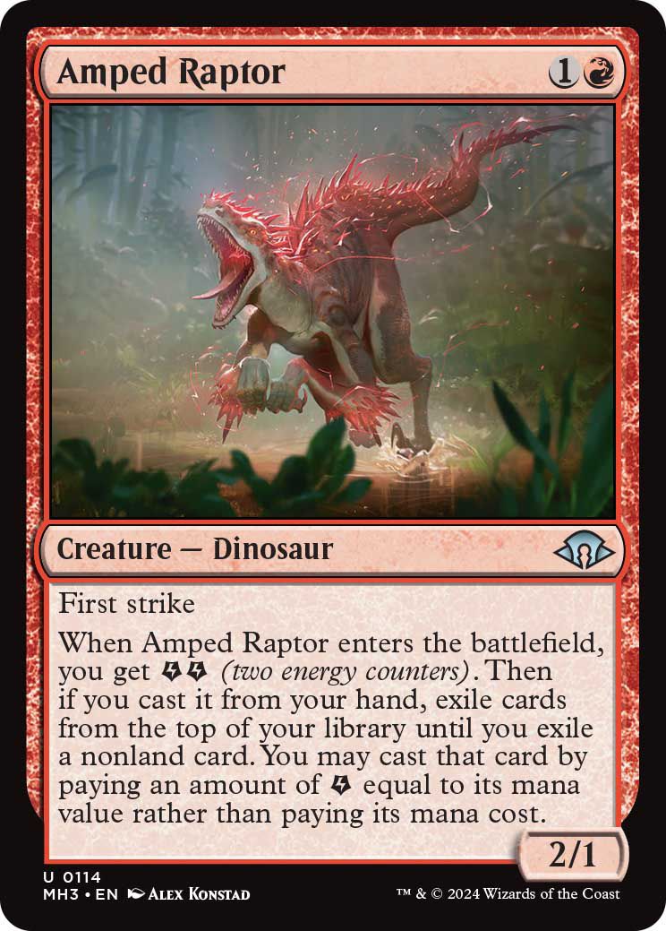 Amped Raptor est une créature, un dinosaure, avec une première frappe qui utilise également des jetons d'énergie.