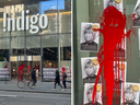 Un magasin Indigo du centre-ville de Toronto a été recouvert de peinture rouge le 10 novembre 2023 et d'affiches accusant la PDG Heather Reisman de 
