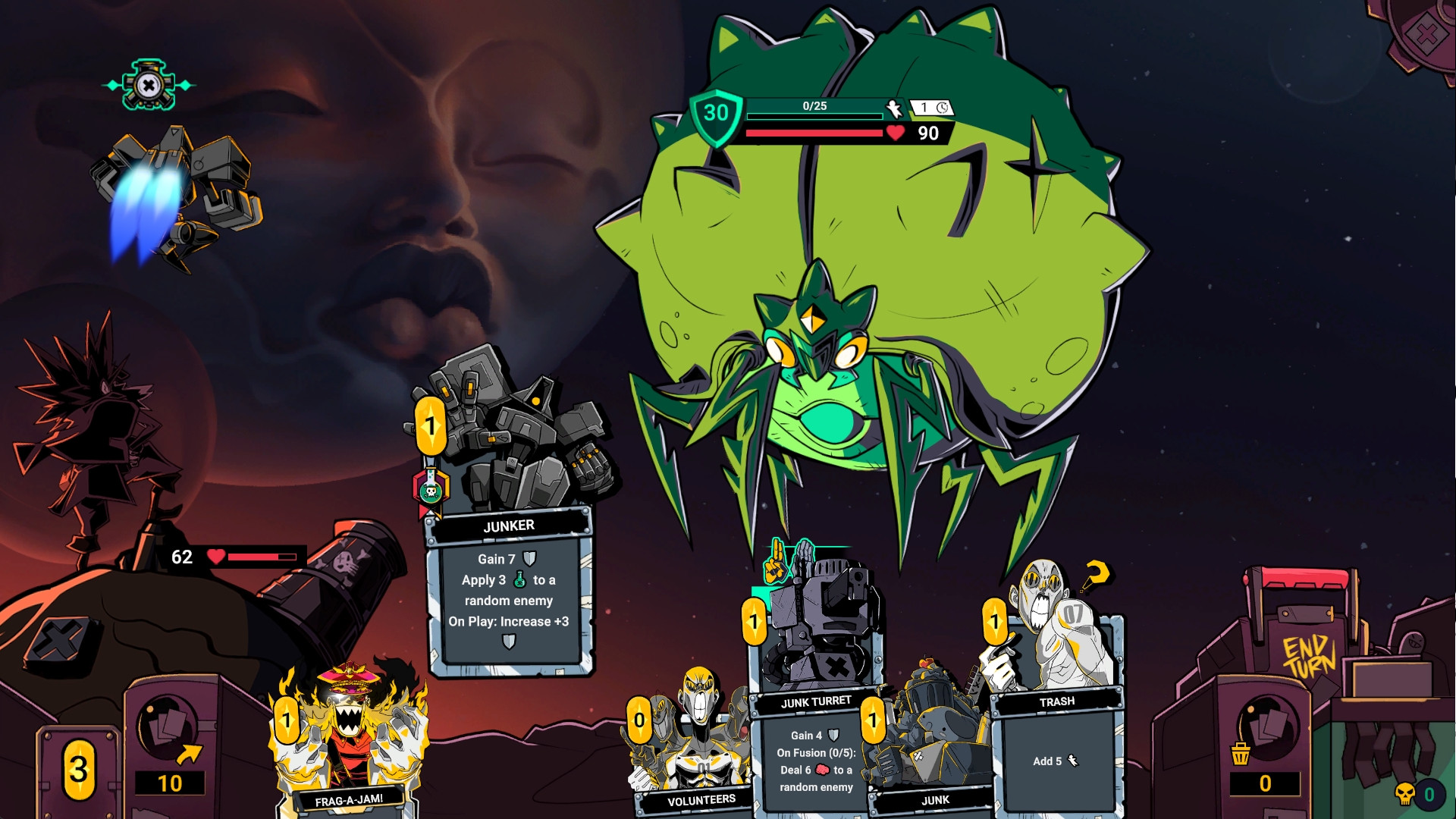 Zet Zillions - Une bataille contre un planétoïde vert en forme d'insecte dans ce jeu spatial de construction de deck roguelike basé sur des cartes.