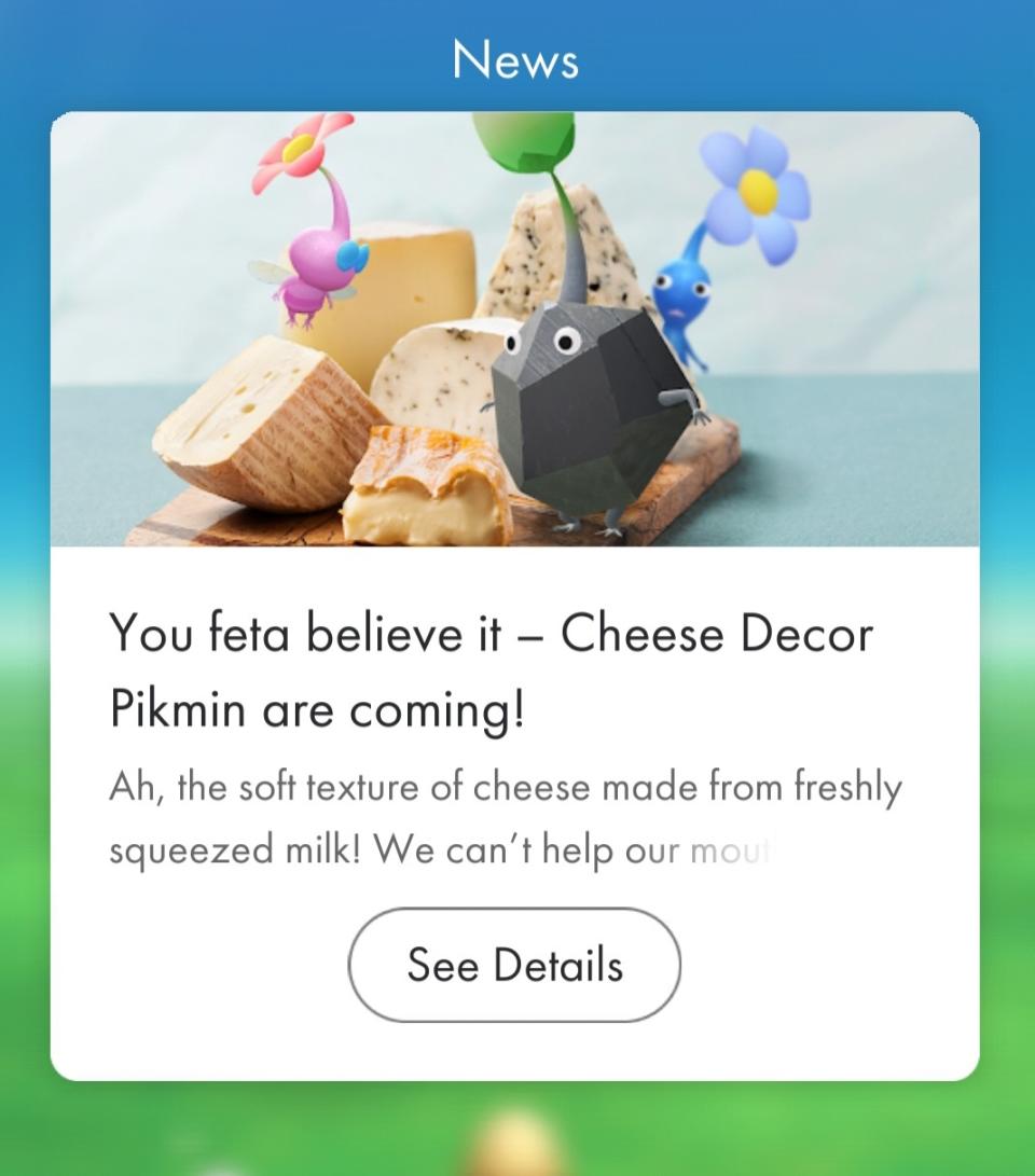 Une annonce d'actualité de l'application Pikmin Bloom annonçant l'arrivée de Cheese Decor Pikmin