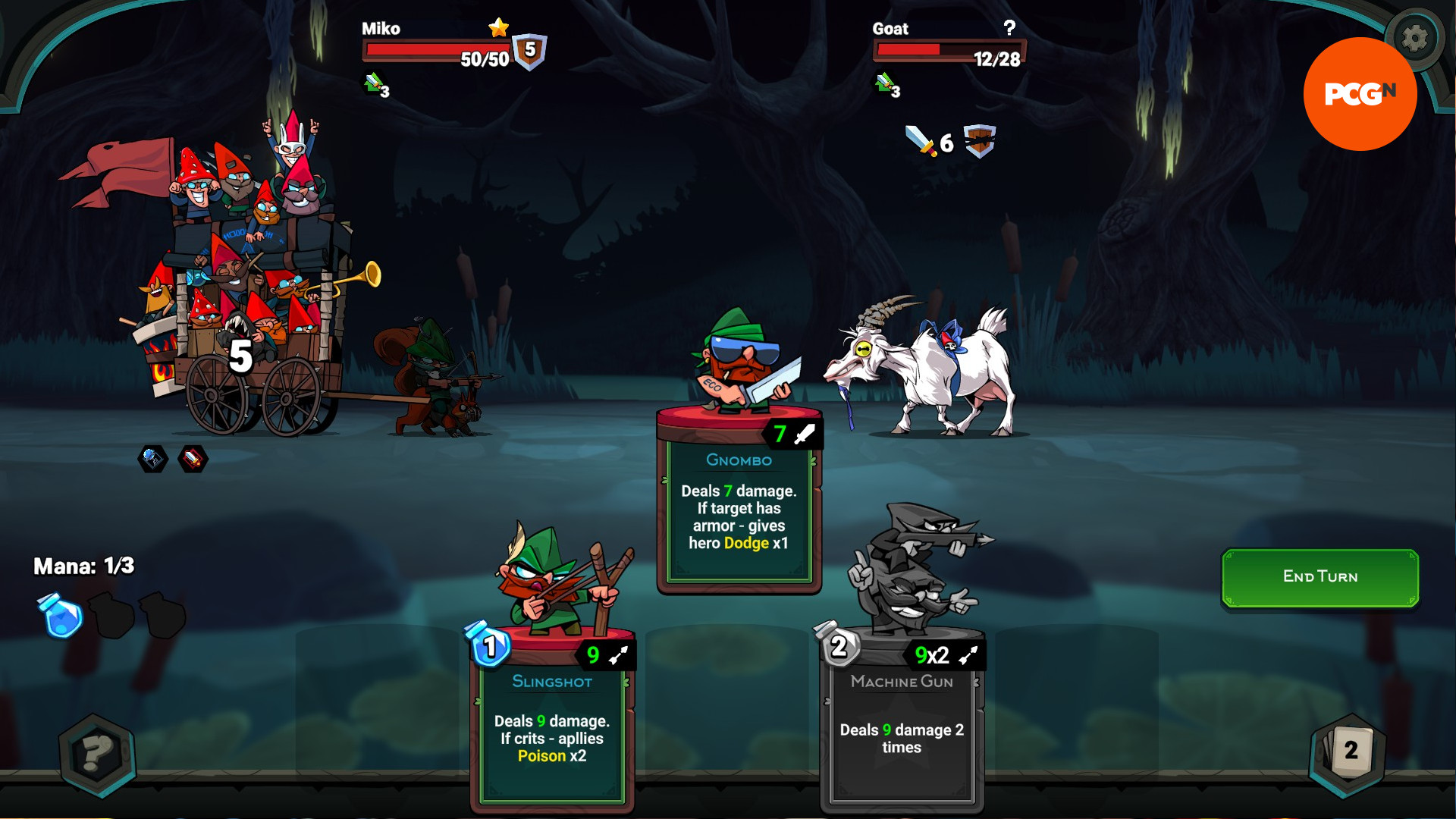 Union of Gnomes - Une capture d'écran d'une bataille dans le constructeur de deck roguelike, où une carte « Gnombo » est utilisée pour lancer une attaque.