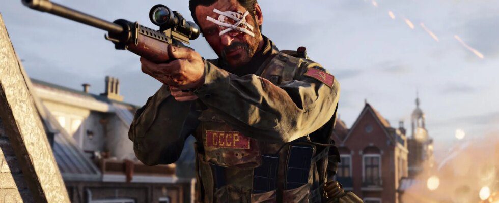 A Call of Duty player aiming down a sniper scope, wearing an eye patch on their eye.