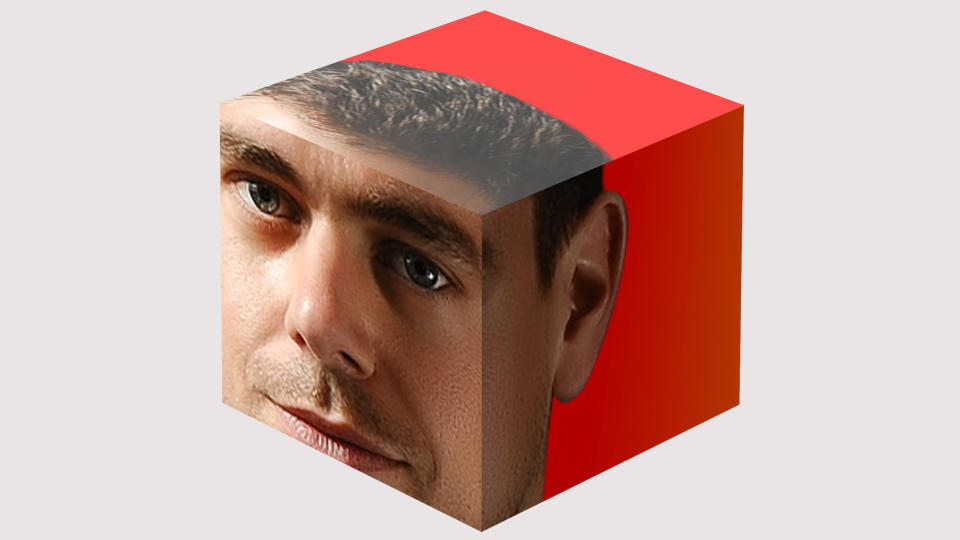 Graphique de la société financière Block montrant le visage de Jack Dorsey sur un cube.