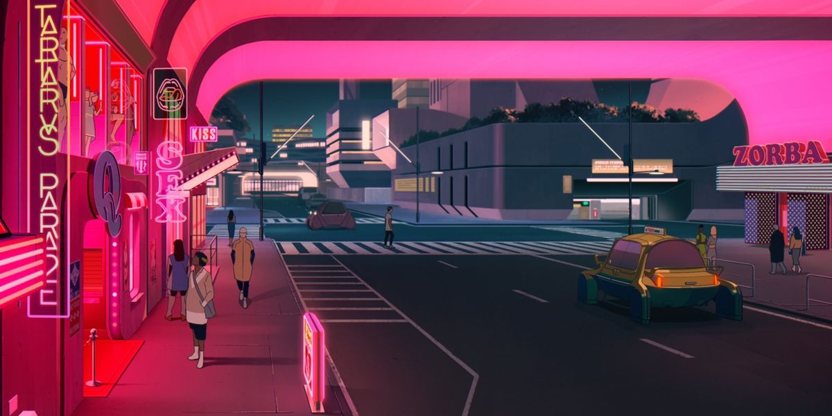 Une femme en imperméable jaune marchant dans une rue éclairée au néon dans une ville futuriste de Mars Express.
