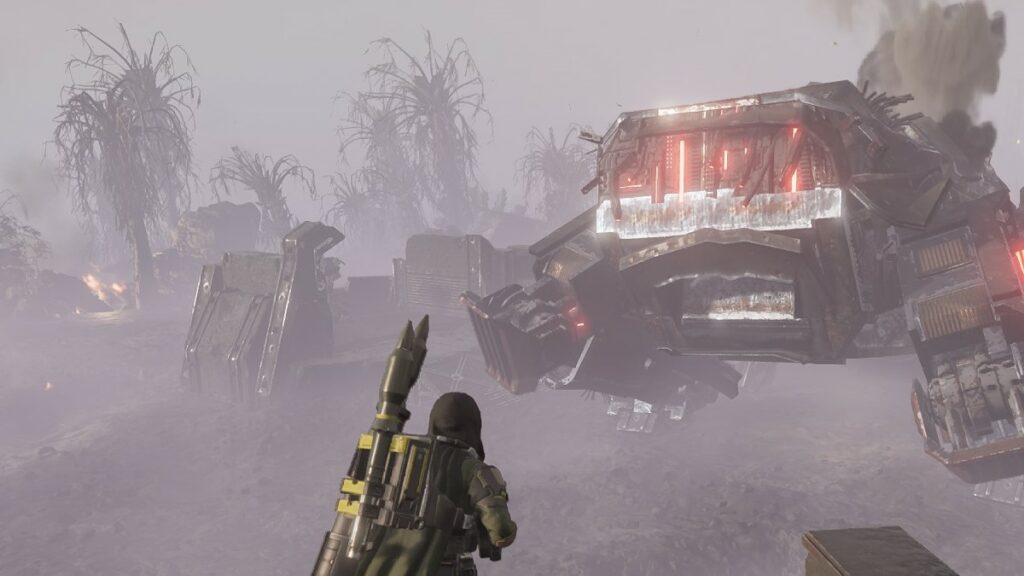 Image de Helldivers 2 d'un joueur regardant un Factory Strider mort