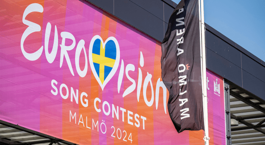 A picture taken on April 25, 2024 shows A Eurovision banner hangs outside Malmo Arena, the venue where the Eurovision song contest (ESC) will take place in Malmo, Sweden.