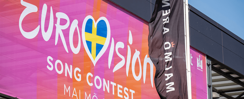 A picture taken on April 25, 2024 shows A Eurovision banner hangs outside Malmo Arena, the venue where the Eurovision song contest (ESC) will take place in Malmo, Sweden.