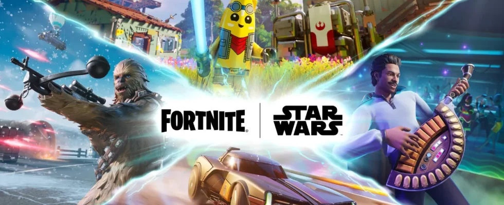 Fortnite X Star Wars key art, showcasing Chewbacca, a Mandolorian inspired vehicle, Lando playing an instrument, and Peely with a Lightsaber in LEGO mode