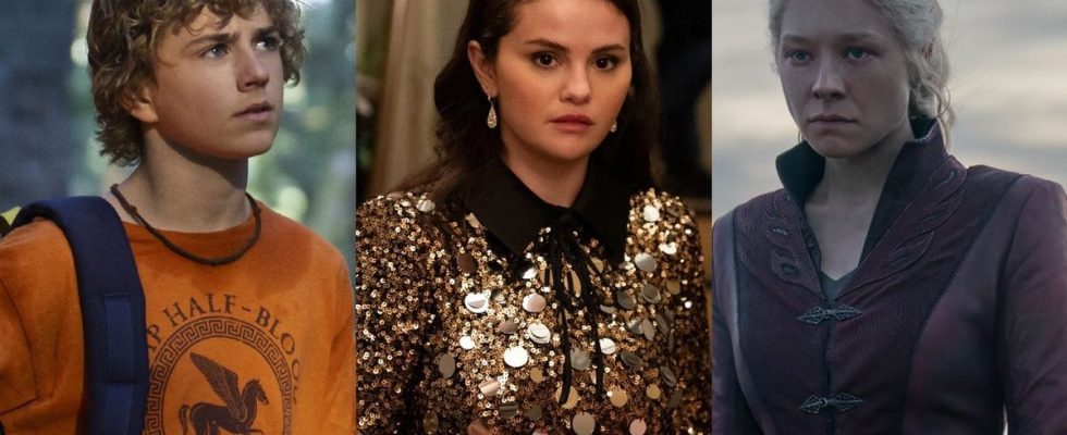 From left to right: Walker Scobell as Percy looking to his right in Percy Jackson, Selena Gomez as Mabel looking concerned in Only Murders in the Building and Emma D