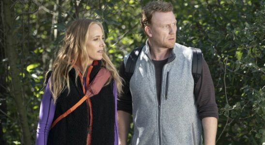 Teddy Altman (Kim Raver) and Owen Hunt (Kevin McKidd) look toward some injured people while taking a hike on the Season 20 episode of Grey
