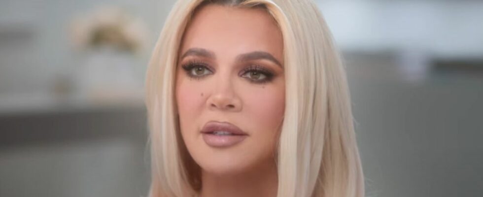 A closeup of Khloe Kardashian giving an interview in the preview for The Kardashians Season 5.