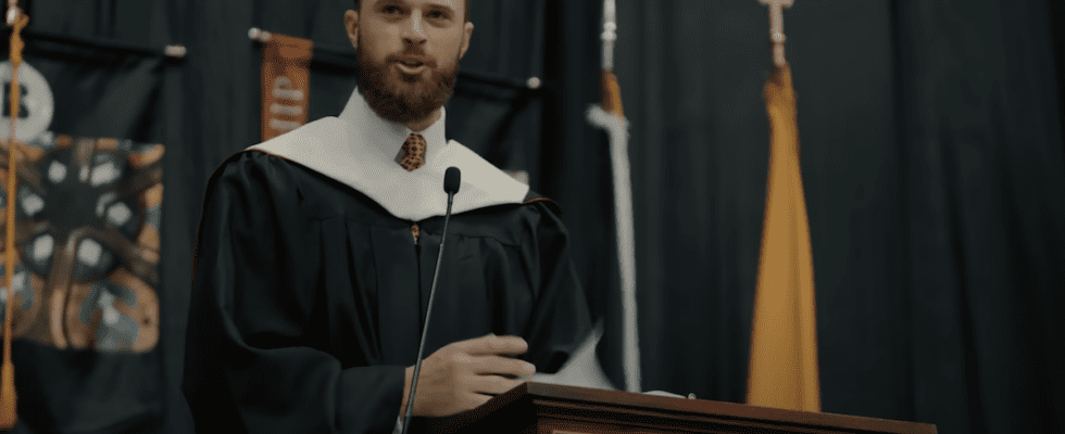 Kansas City Chiefs Kicker Harrison Butker giving speech at Benedictine College Commencement