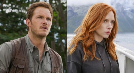 Chris Pratt as Owen Grady in Jurassic World looking into the distance and Scarlett Johannson with long red hair with a scenic background in Black Widow
