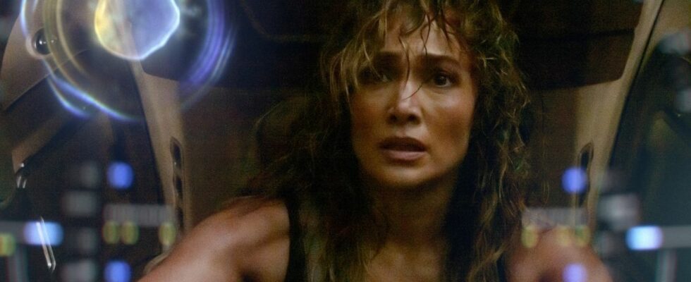 Jennifer Lopez looks scared in an image from Atlas.