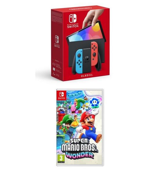 Console Nintendo Switch OLED Bleu Néon/Rouge et Super Mario Bros. Wonder