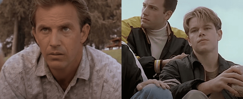 Kevin Costner in Field of Dreams/Ben Affleck and Matt Damon in Good Will Hunting (side by side)