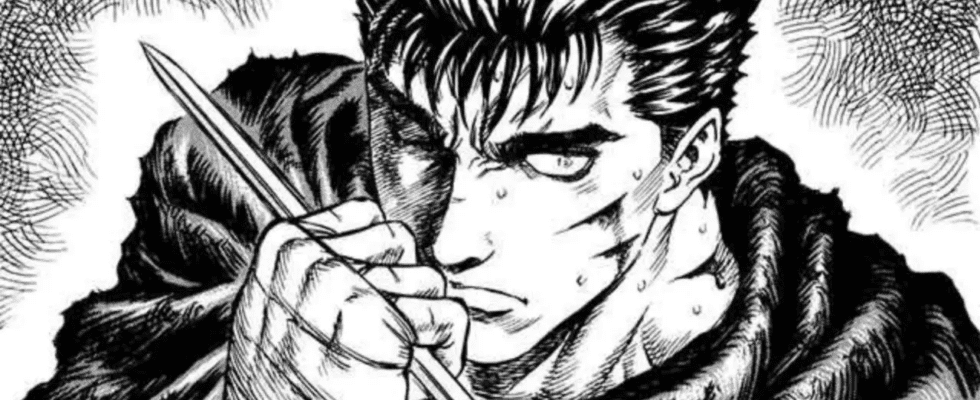 Guts grabs a sword by the blade