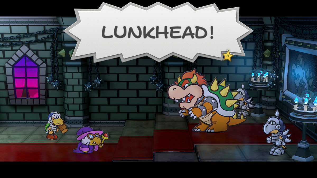 Bowser crie « LUNKHEAD ! »  à ses serviteurs Koopa, qui sont des imbéciles, dans Paper Mario : La Porte Millénaire