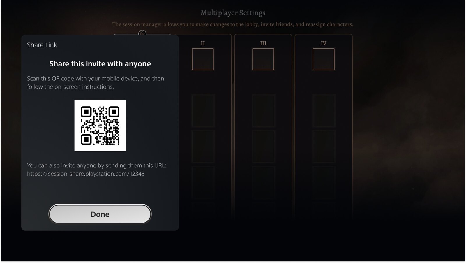 Capture d'écran PS5 montrant un code QR d'invitation à une session multijoueur Baldur's Gate 3