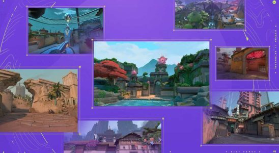 Collage of various scenes from Valorant featuring diverse, stylized environments, including urban, tropical, and ancient ruins settings, with a purple frame and game developer