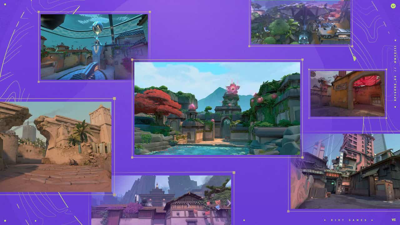 Collage de diverses scènes de Valorant présentant des environnements divers et stylisés, notamment des décors urbains, tropicaux et de ruines antiques, avec un cadre violet et le logo du développeur du jeu.