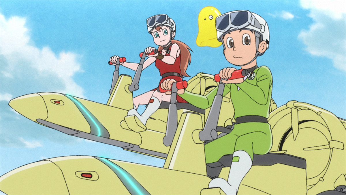 Un garçon et une fille d'anime en uniformes futuristes sont assis sur deux véhicules futuristes flottants avec une créature jaune flottante à leurs côtés dans Time Patrol Bon.