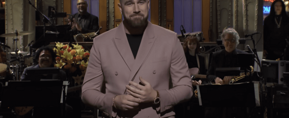 Travis Kelce performing the monologue when hosting Saturday Night Live