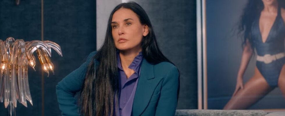 Demi Moore looking stoic starring in the body horror flick