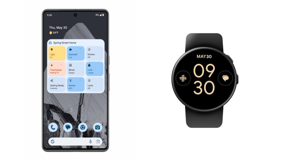 À gauche : un téléphone Pixel avec un widget Google Home sur son écran d'accueil.  À droite : une Pixel Watch avec une complication Google Home (icône de ventilateur) à gauche de l'heure.