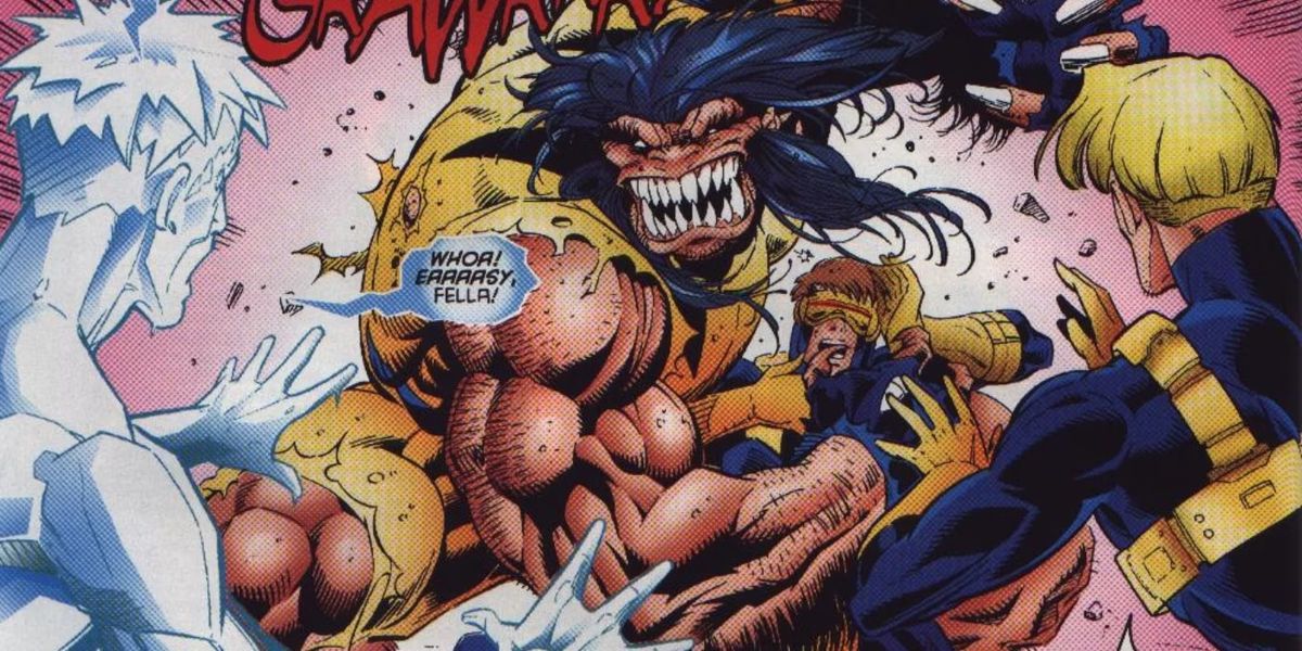 Un Wolverine entièrement bestial, doté d'une bouche pleine de dents acérées, grogne contre les X-Men.  « Waouh ! »  dit Iceman, 