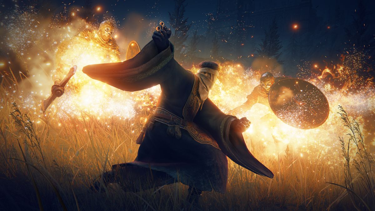 Un guerrier terni lance une concoction de parfum explosive sur deux ennemis dans une capture d'écran d'Elden Ring : Shadow of the Erdtree