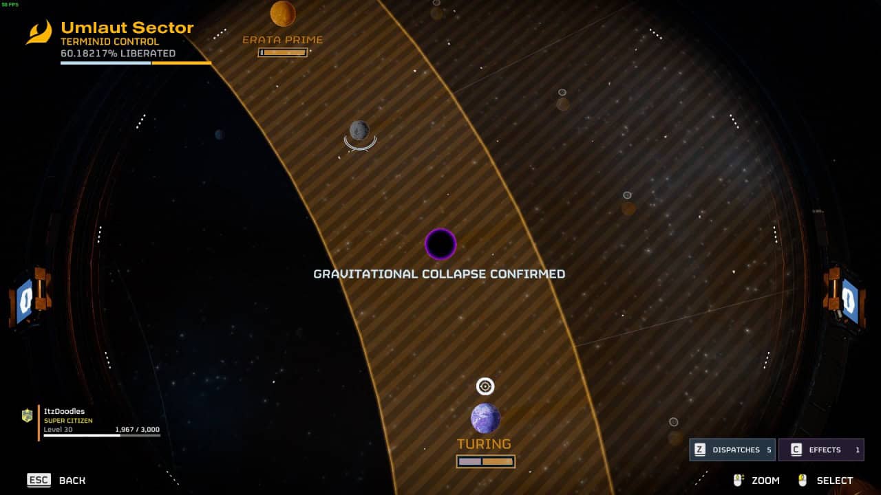 Un écran de jeu sur le thème de l'espace montre le secteur Umlaut avec des indicateurs pour les planètes Erata Prime, Turing et Meridia.  Un message lit "Effondrement gravitationnel confirmé" au centre, faisant allusion à un possible trou noir.  Les options de menu de Helldivers 2 sont visibles en bas.