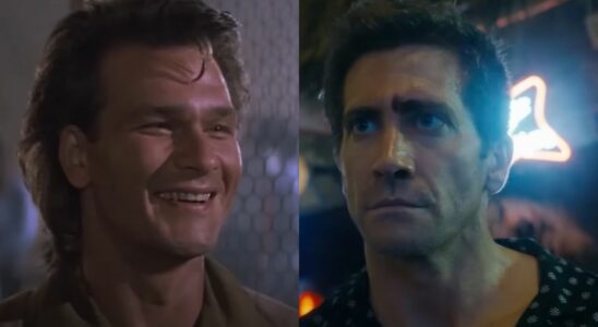 From left to right: Patrick Swayze smiling in the 1989 Road House and Jake Gyllenhaal looking serious in the 2023 Road House.