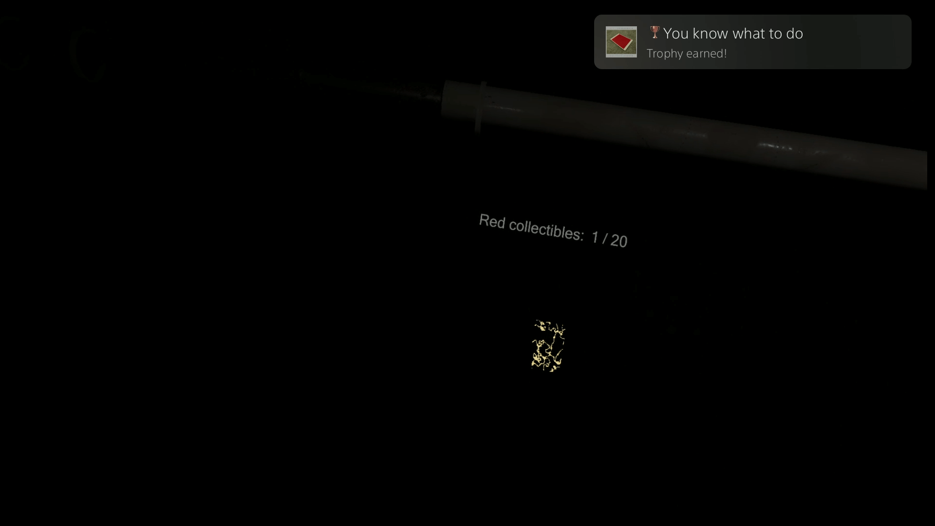 capture d'écran de Madison VR.  une pièce sombre, au milieu un polaroïd rouge réduit en poussière.  au-dessus, le texte rouge à collectionner 1/20 plane