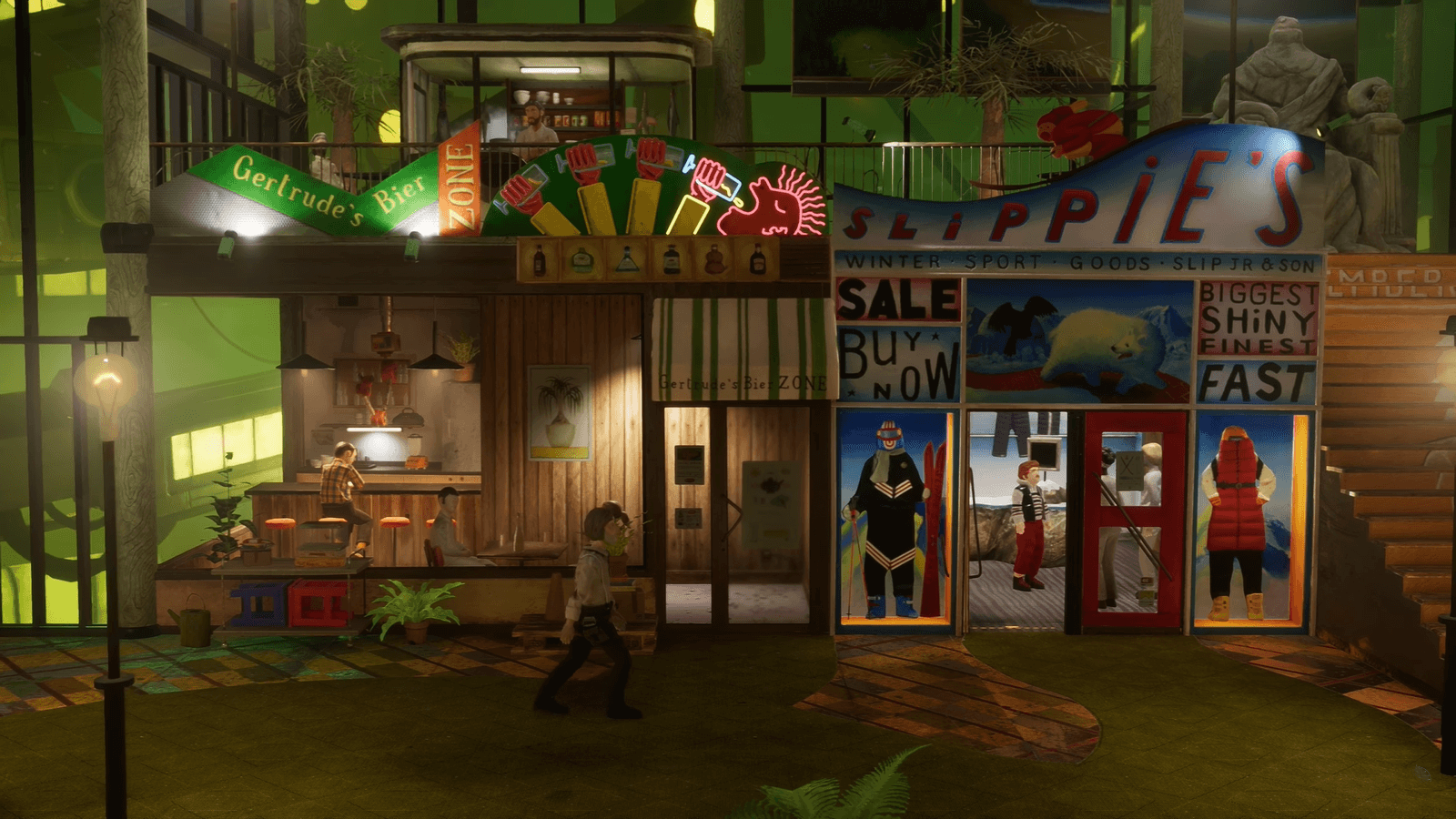 Un centre commercial coloré à plusieurs niveaux apparaît en arrière-plan avec le personnage principal qui passe devant
