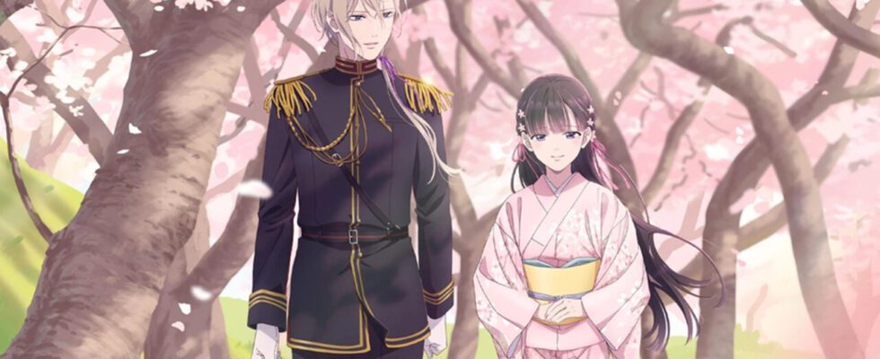 Kiyoka and Miyo walk under blooming cherry blossoms