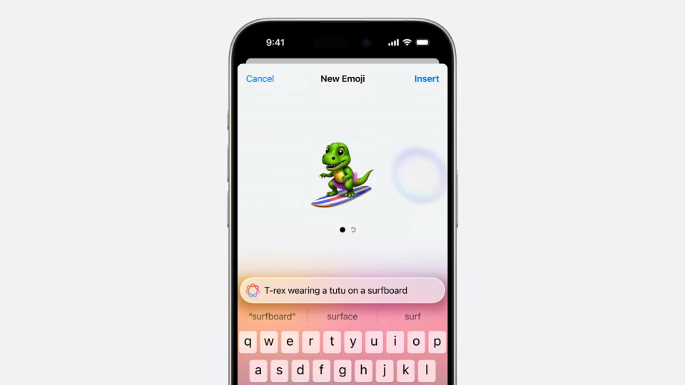 Un exemple d'utilisation d'Apple Intelligence pour créer un emoji personnalisé (appelé Genmoji) d'un T-Rex portant un tute sur une planche de surf. 
