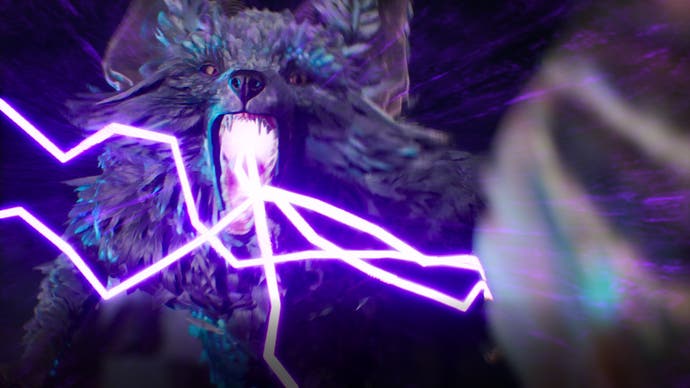 Gros plan d'Enki le dieu renard de Flintlock avec de l'électricité violette tirée de sa bouche