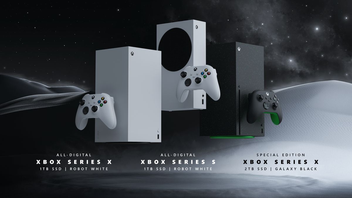 Une image d'une Xbox Series X blanche entièrement numérique, d'une Series S blanche avec 1 To de stockage et d'une Series X noire avec 2 To de stockage