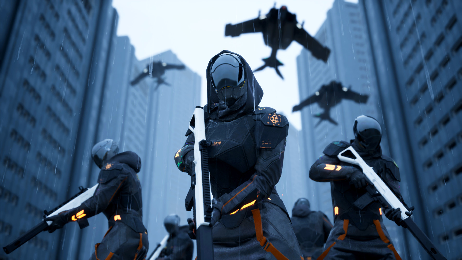 Nouveau jeu de tir coopératif Polaris - Cinq soldats en tenue noire se tiennent entre des rangées d'immeubles de grande hauteur, alors que des avions survolent.