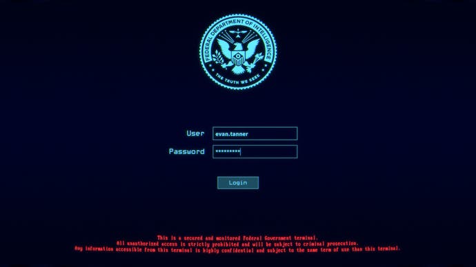 Un écran de connexion pour un terminal informatique, avec un logo qui ressemble beaucoup à celui du FBI.  Ulp.