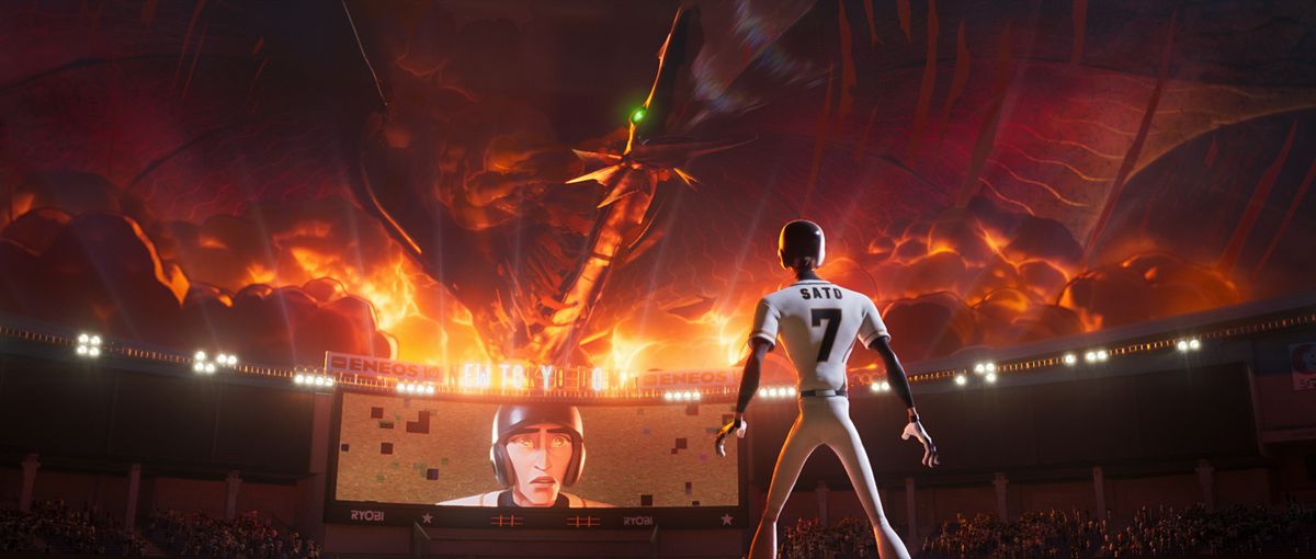 Un homme en uniforme de baseball regardant un terrifiant kaiju ailé rugissant avec des flammes jaillissant des murs d'un stade dans Ultraman : Rising.