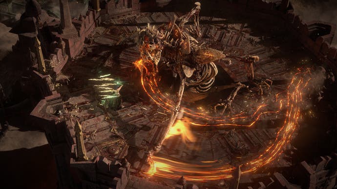 Le patron géant Tor Gul de Path of Exile 2, un énorme monstre squelettique, déclenche une magie ardente.